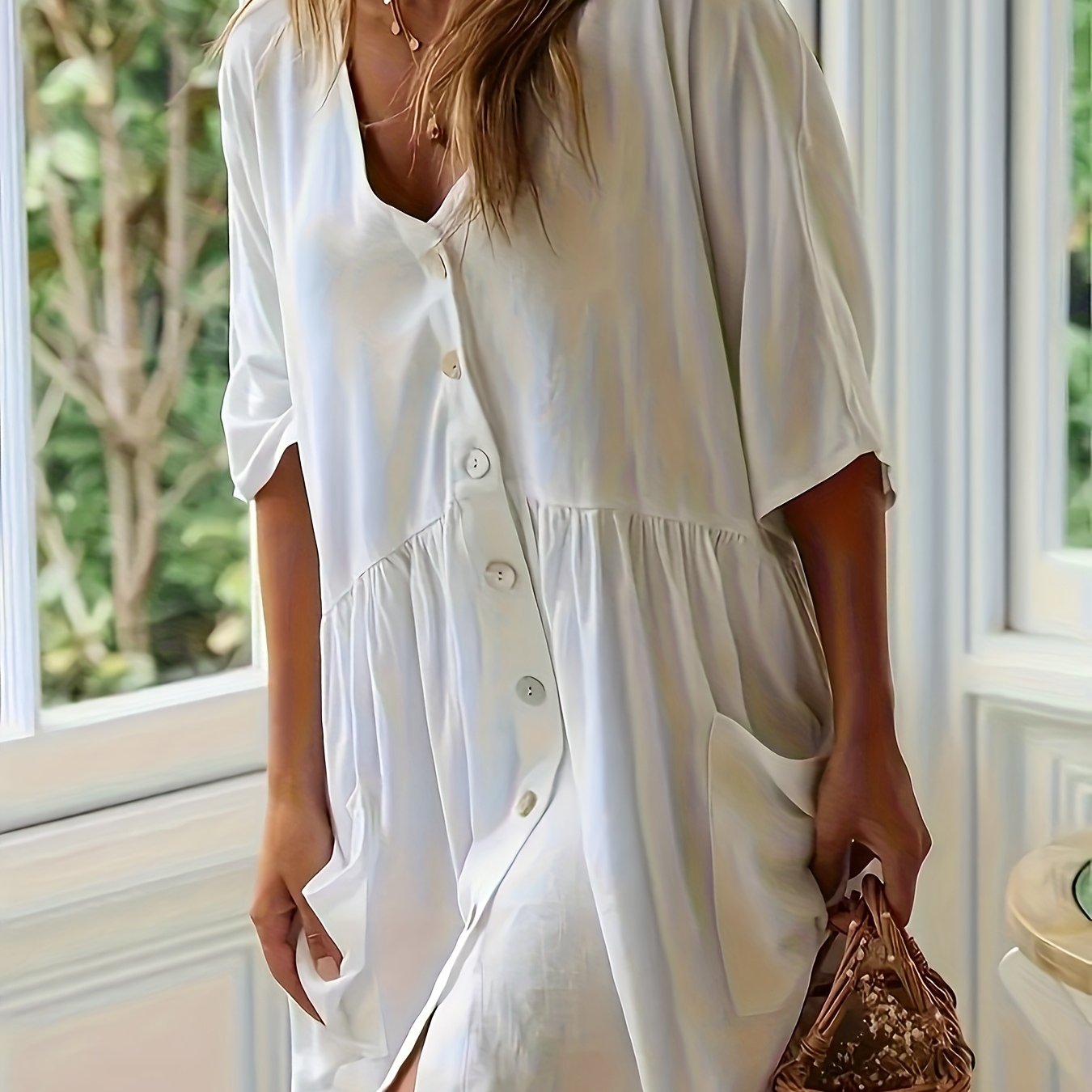 Solid Color Button Front Loose Dress