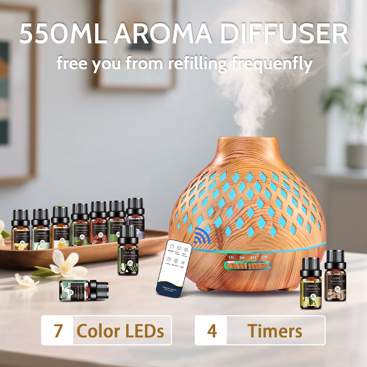 Diffuser Essential Oils for Large Room Wood Grain Cool Mist Air Humidifier Aroma Diffuser with 12 Pack Essential Oils 18.6 Ounce Essential Oil Diffuser with Remote Control Ultrasonic Oil Diffuser with Timer 7 Color Light