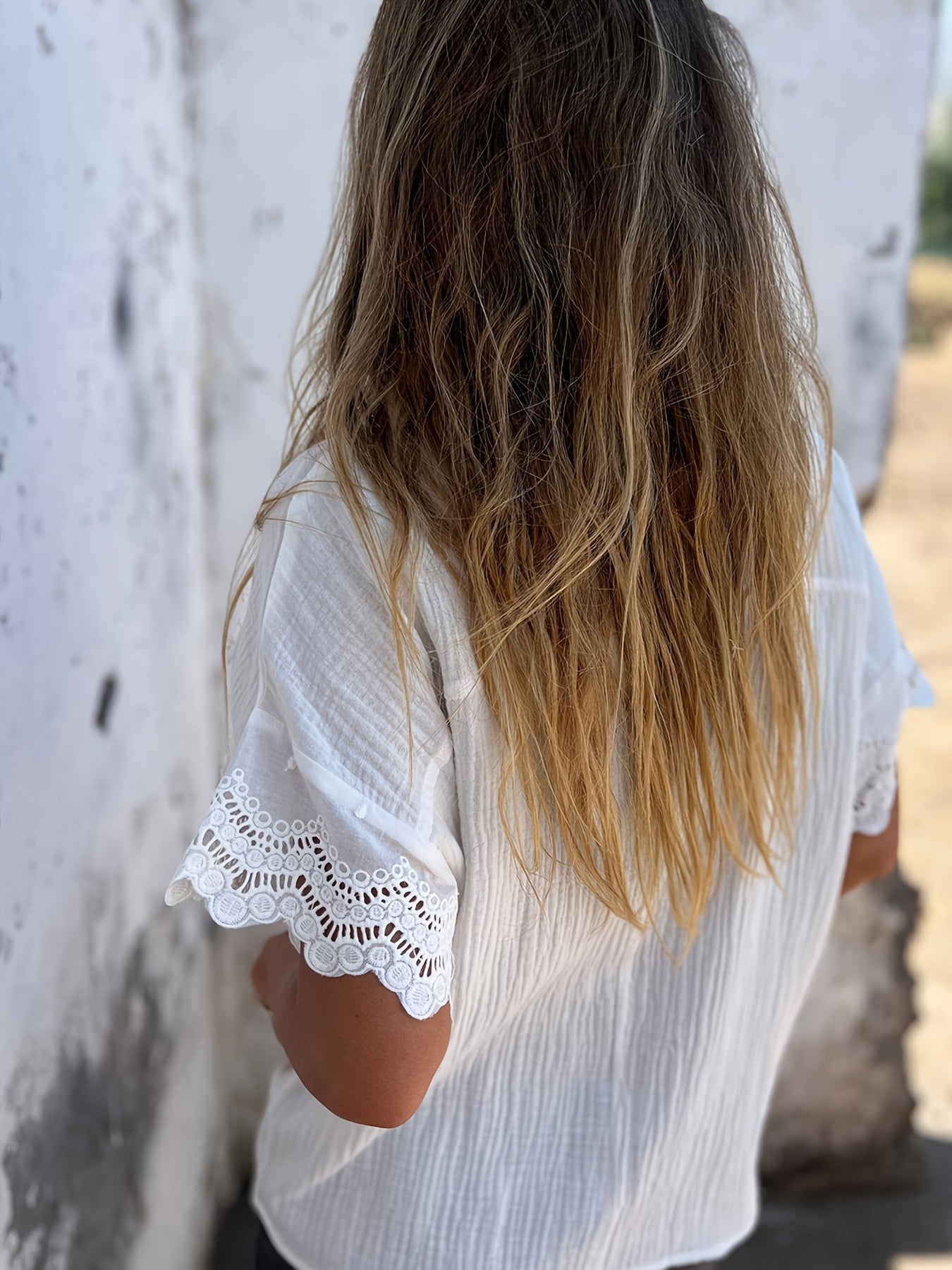 White Lace Sleeve V Neck Blouse
