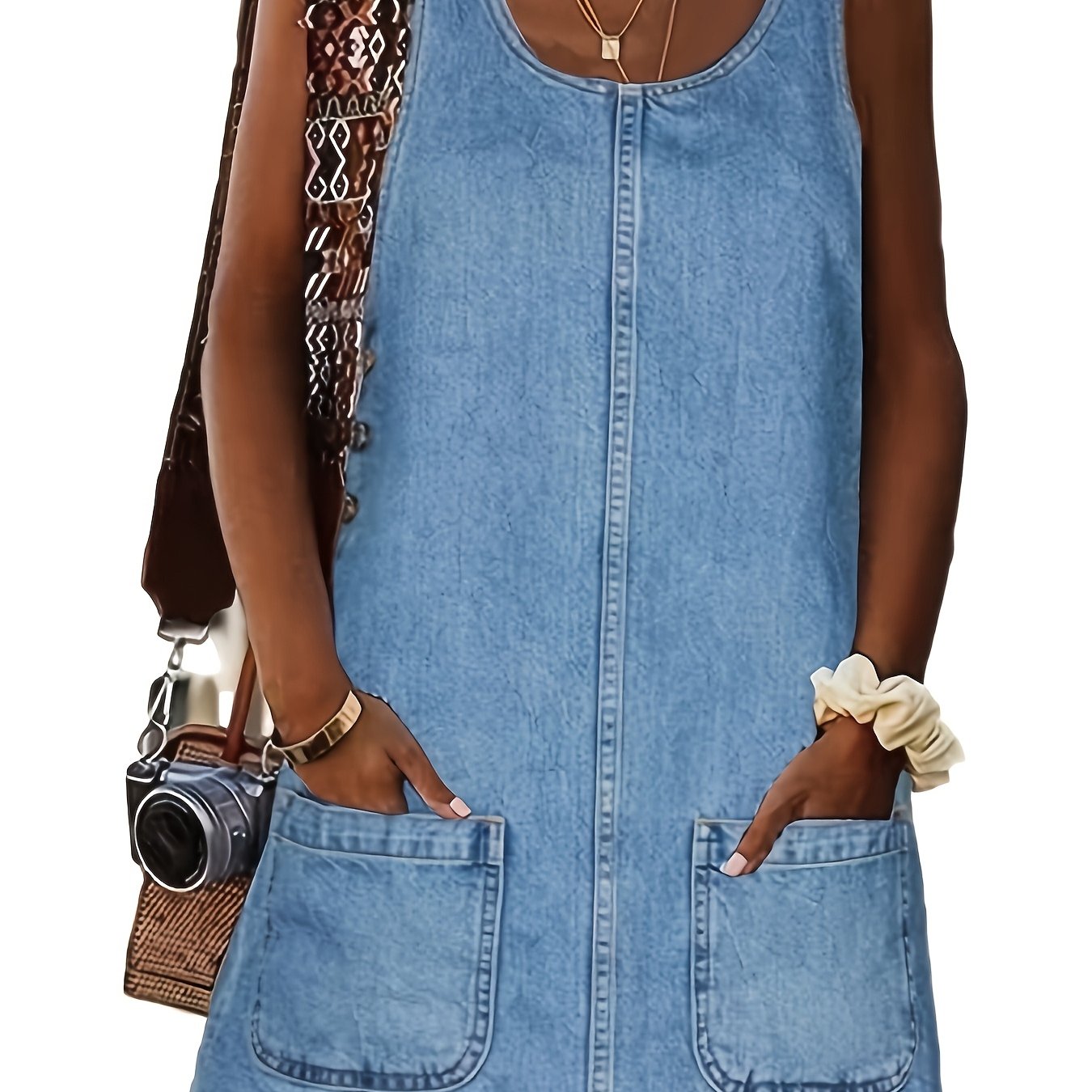 Women's Vintage Denim Overall Dress with Pockets