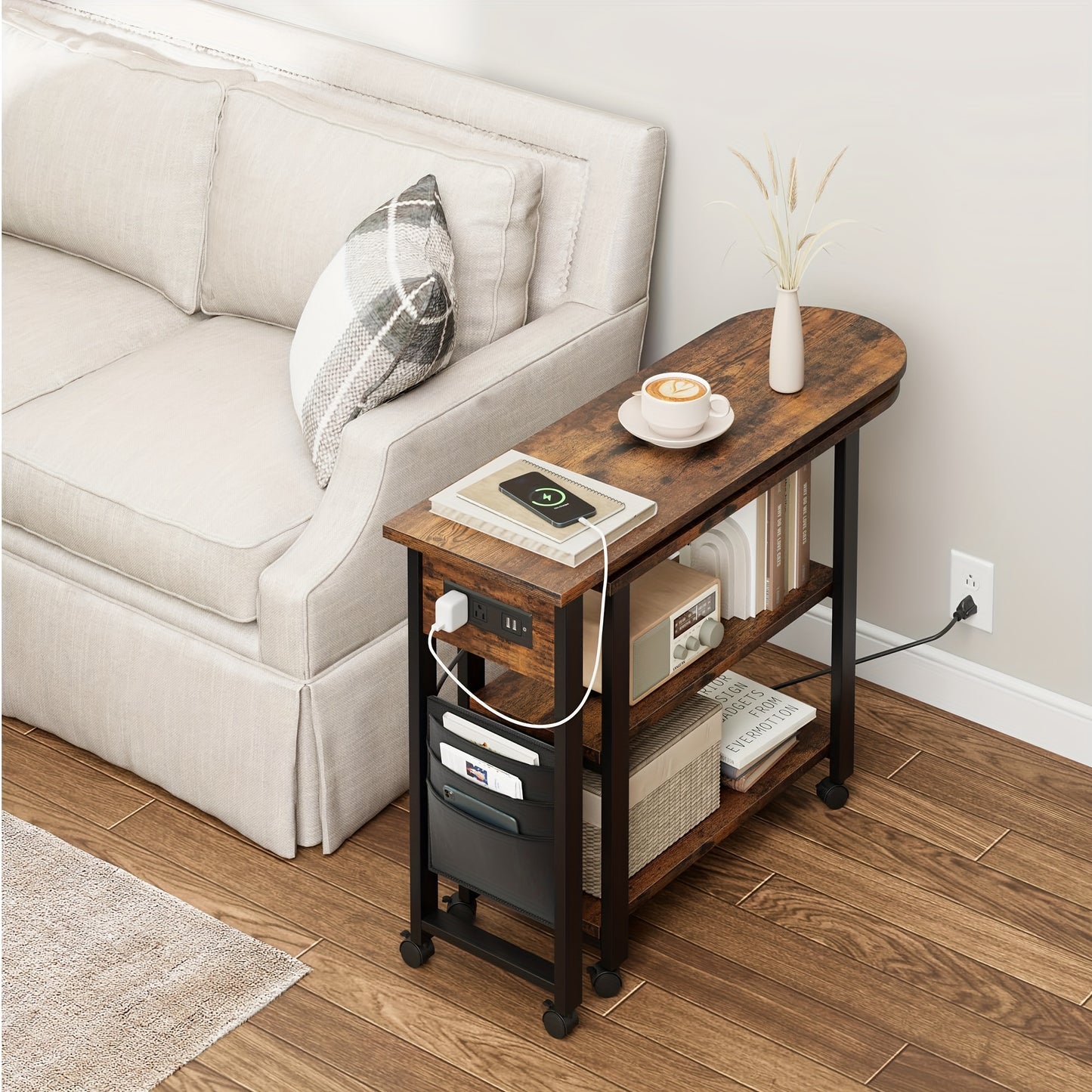 Sofa Table 360°Rotating Tabletop End Table, 2-Tier Side Table with Charging Station and Side Storage Pocket. Sturdy End Table for Living Room, Bedroom, Entry Way Study Room