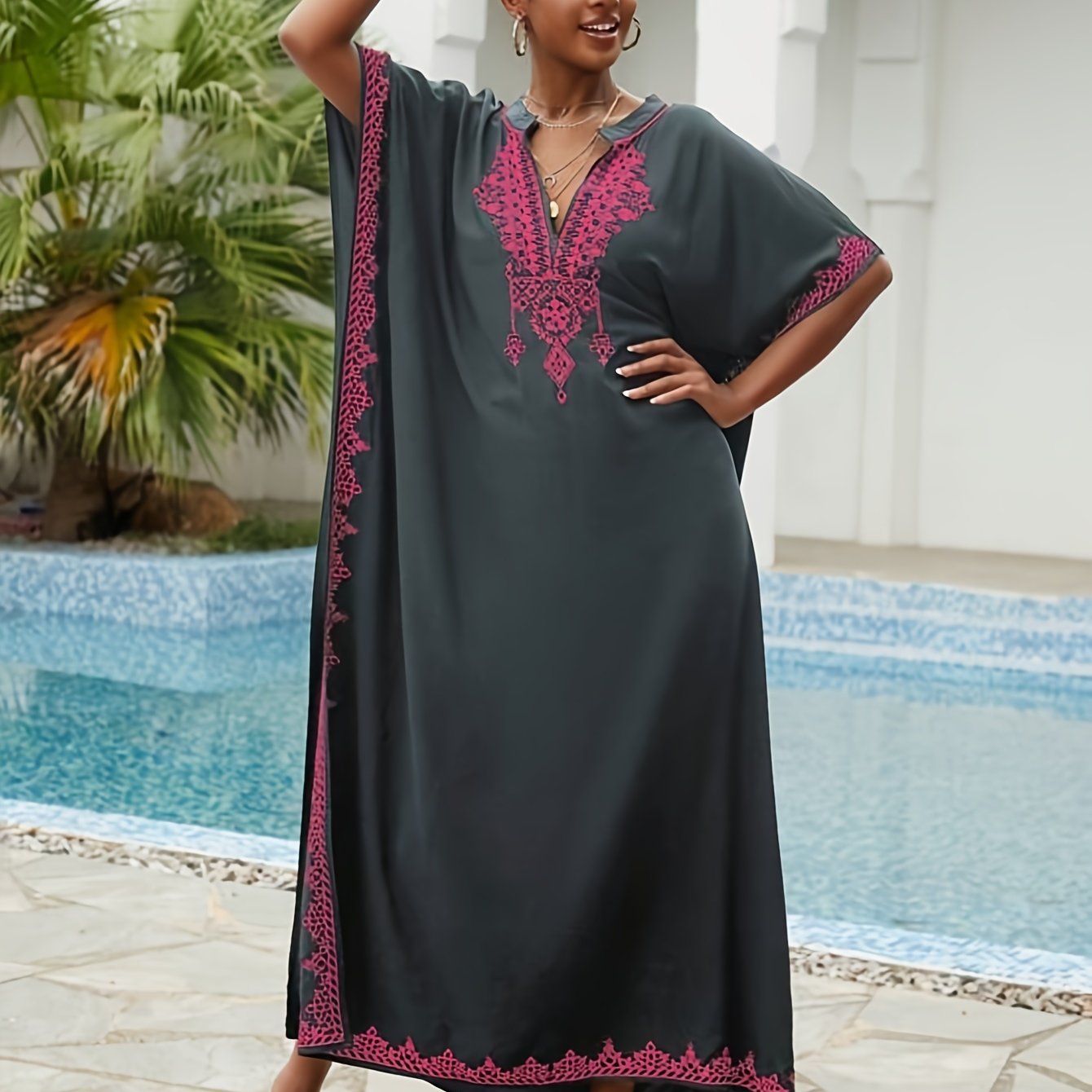 Embroidered Batwing Sleeve Kaftan Dress