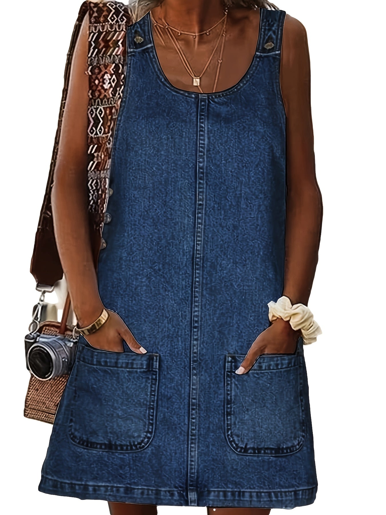 Women's Vintage Denim Overall Dress with Pockets