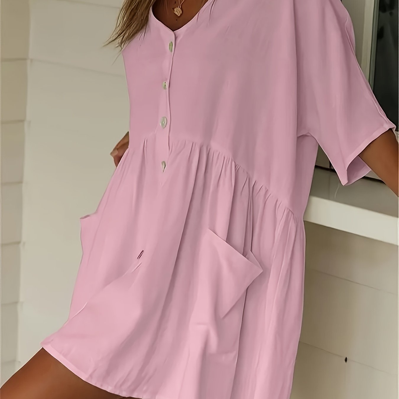 Solid Color Button Front Loose Dress