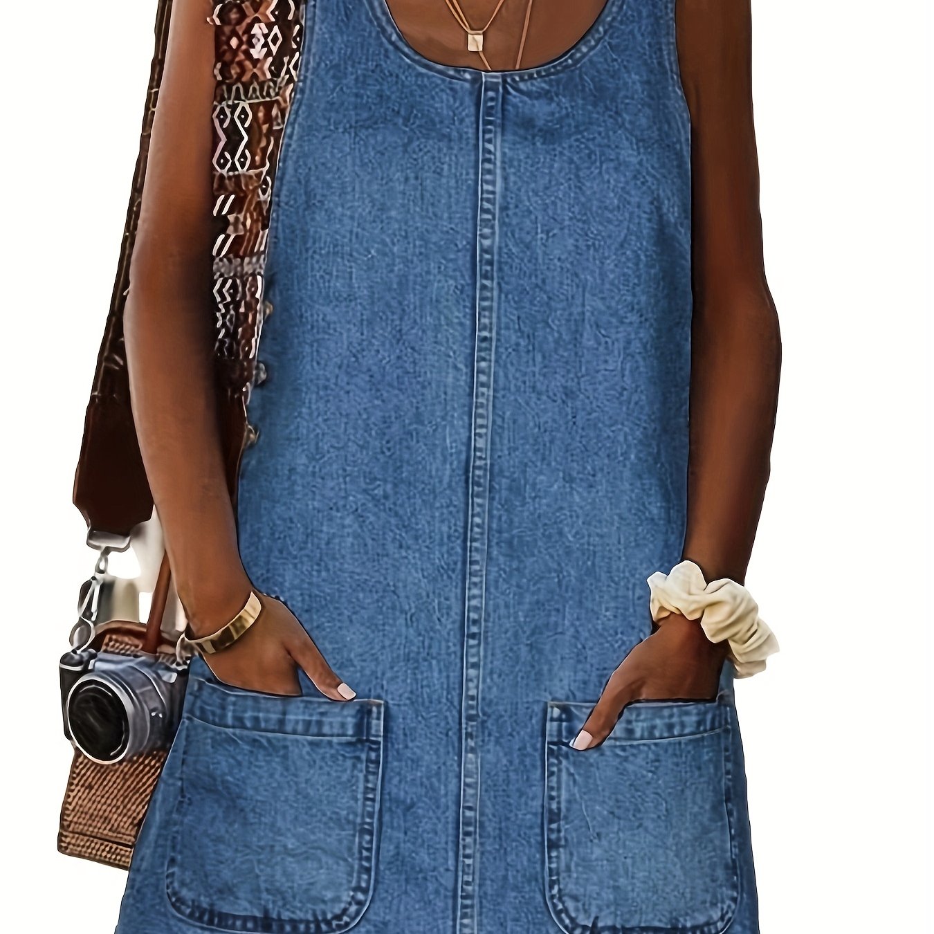 Women's Vintage Denim Overall Dress with Pockets