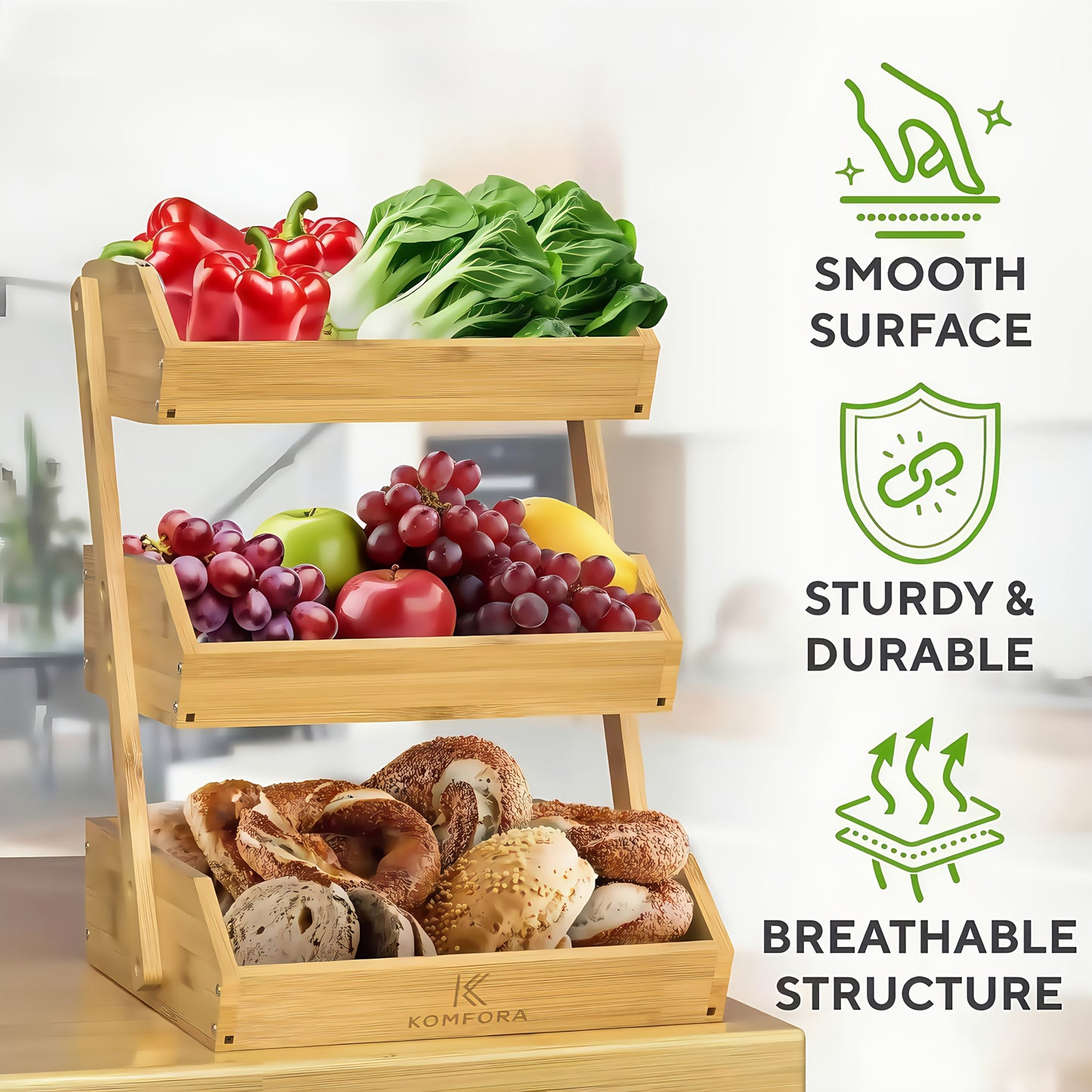 Bamboo Fruit Basket Stand for Kitchen Organization