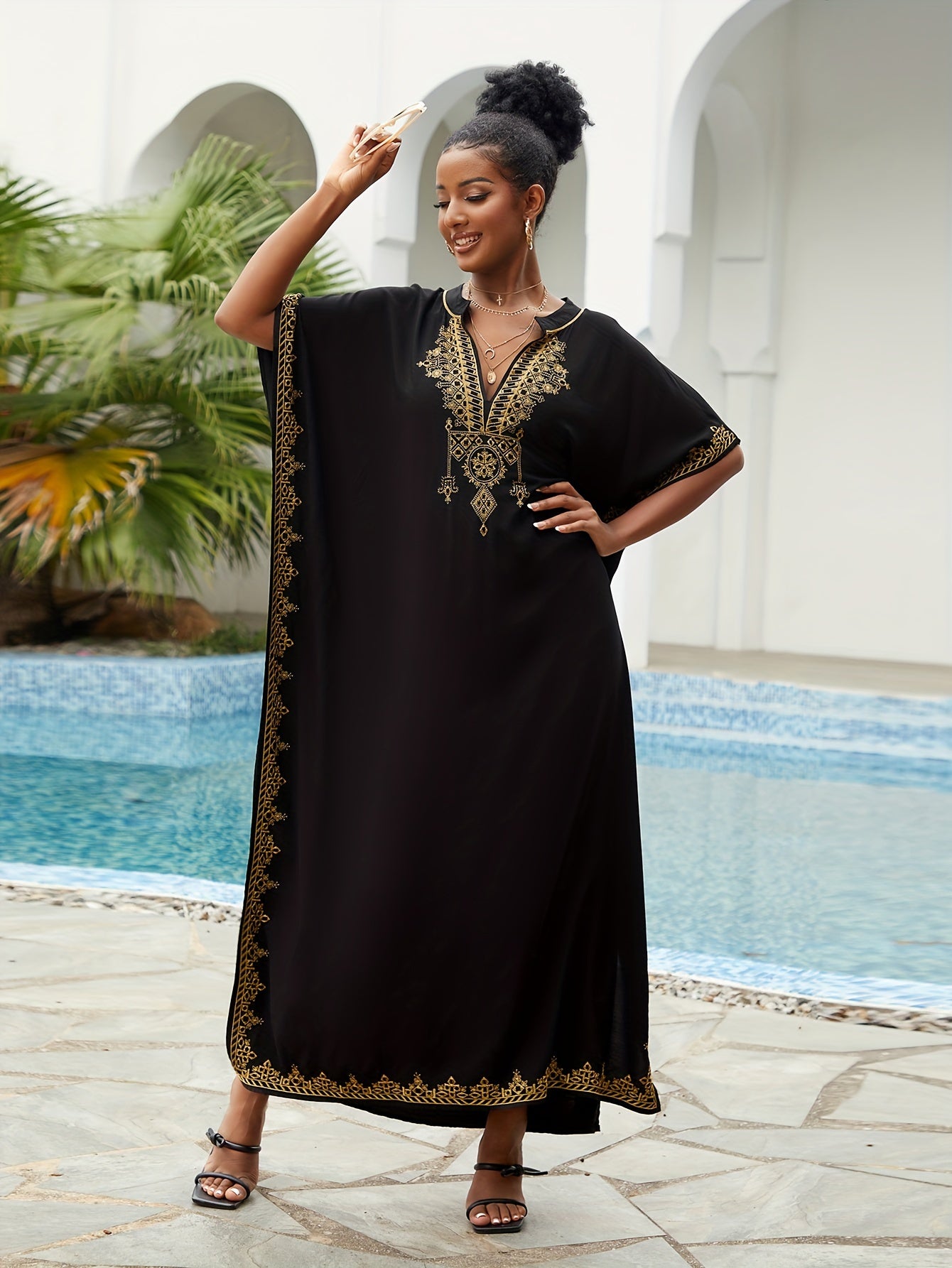 Embroidered Batwing Sleeve Kaftan Dress