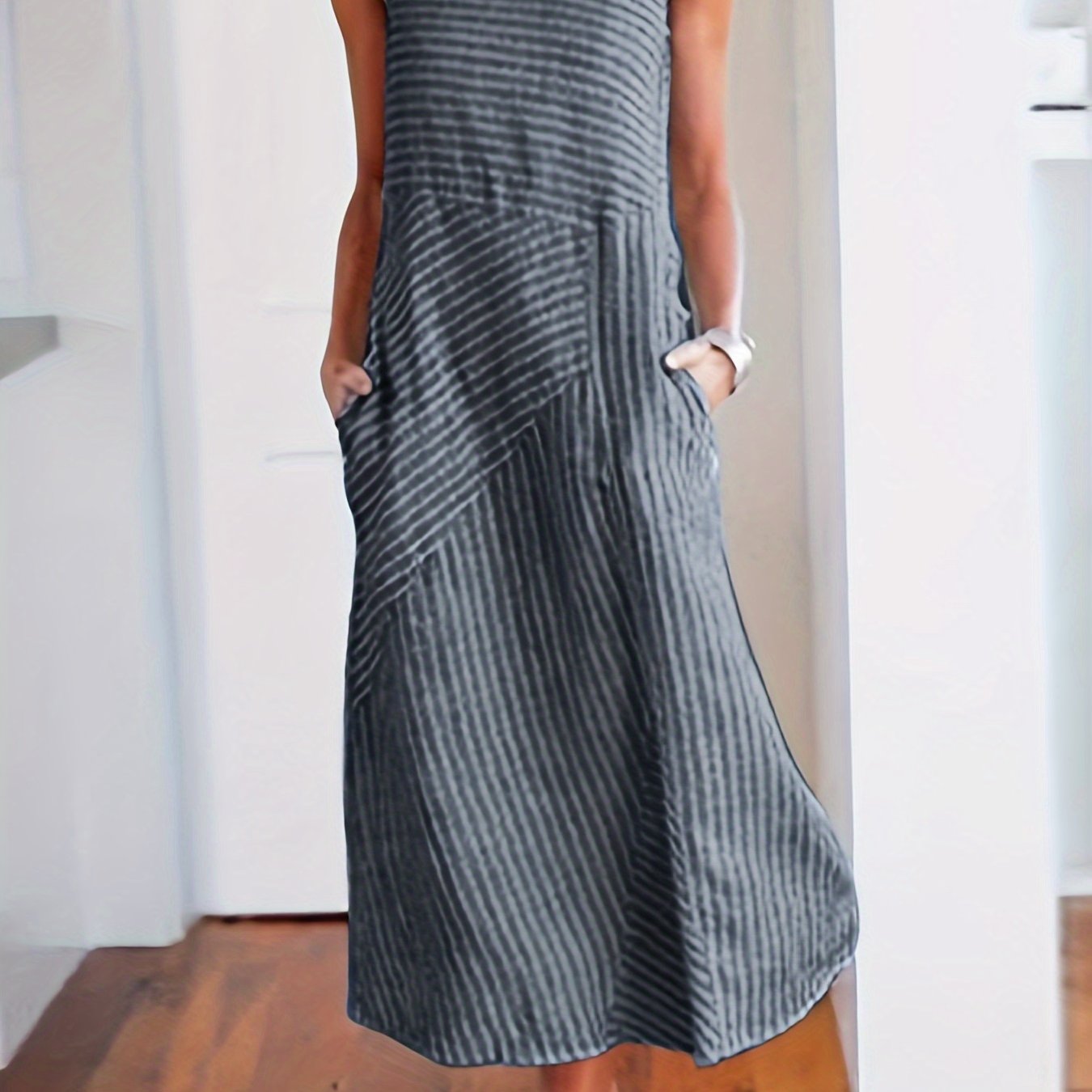 Womens Striped Midi Dress with Pockets