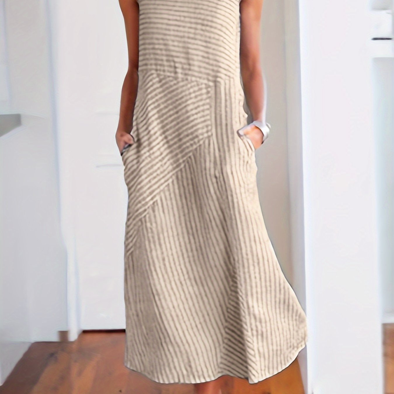 Womens Striped Midi Dress with Pockets