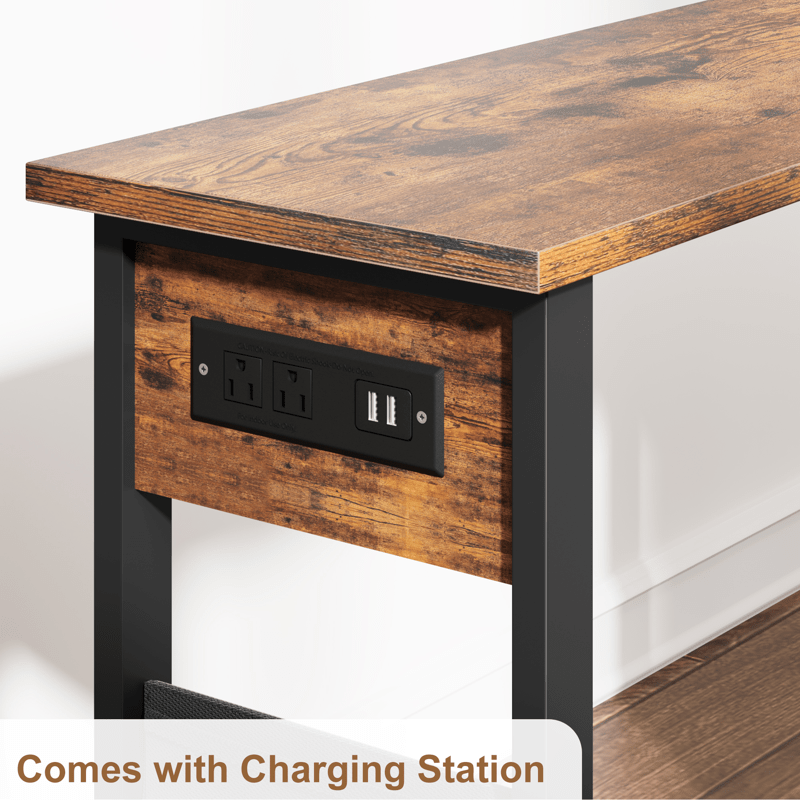 Sofa Table 360°Rotating Tabletop End Table, 2-Tier Side Table with Charging Station and Side Storage Pocket. Sturdy End Table for Living Room, Bedroom, Entry Way Study Room