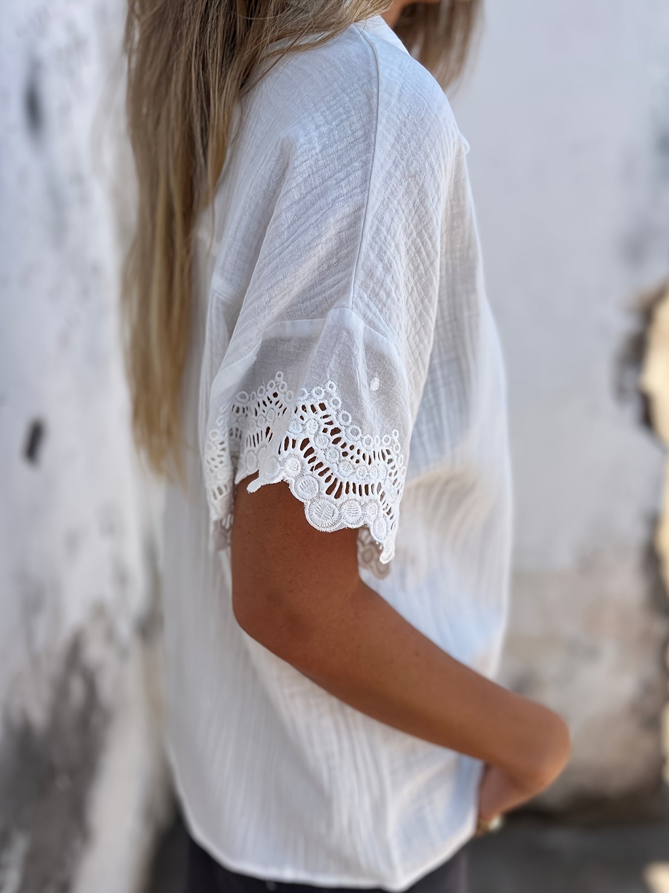 White Lace Sleeve V Neck Blouse