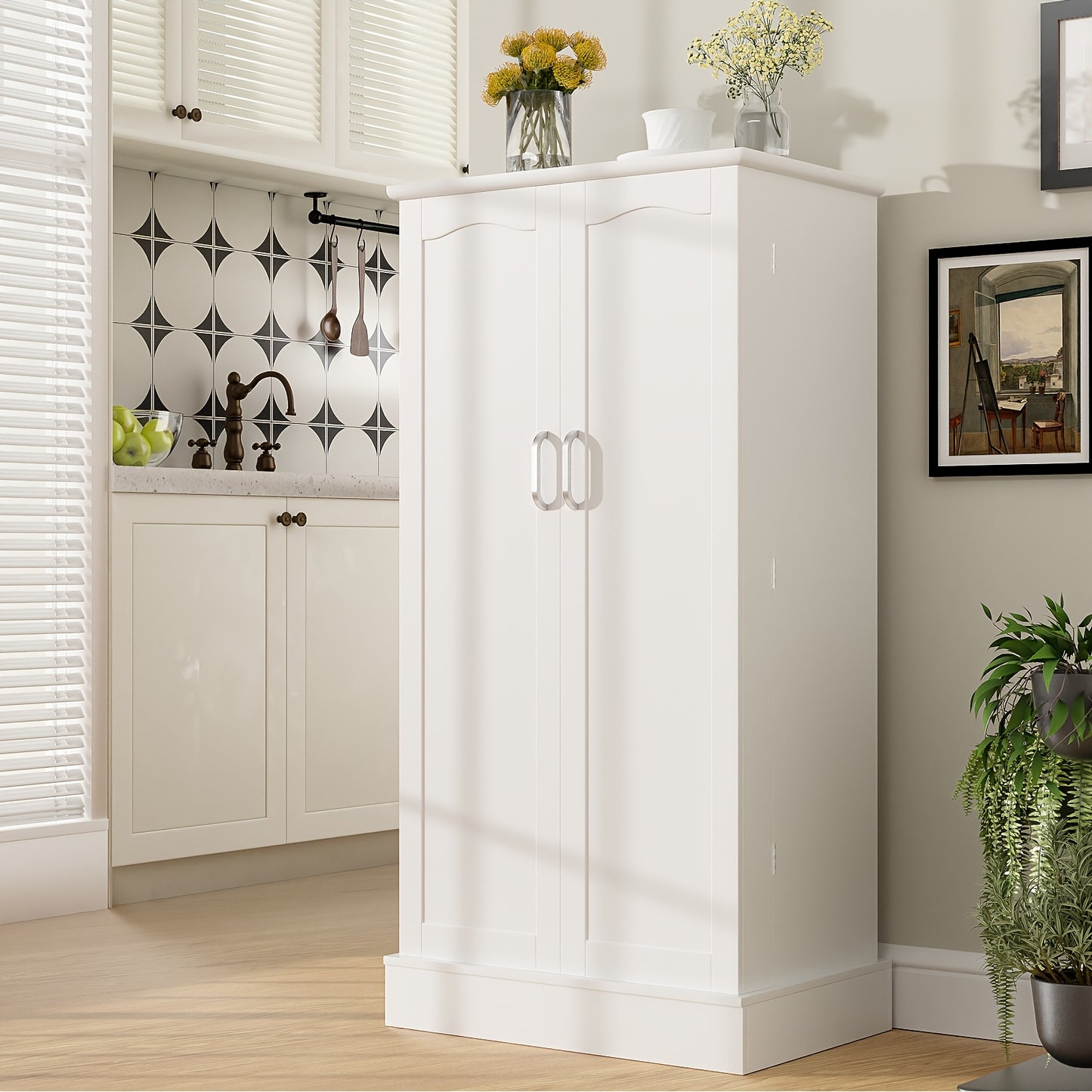 White Farmhouse Pantry Cabinet with Shelves