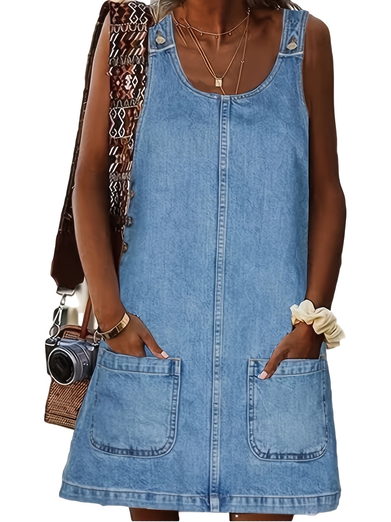 Women's Vintage Denim Overall Dress with Pockets