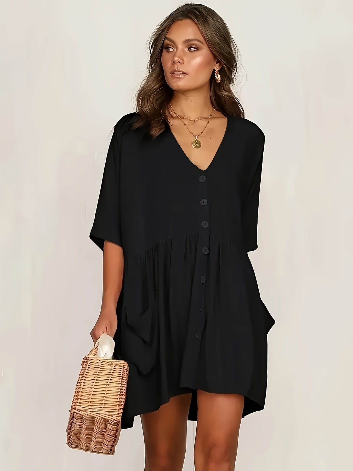Solid Color Button Front Loose Dress