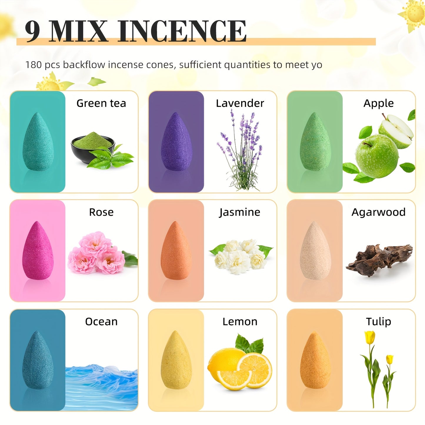 180pcs Backflow Incense Cones Natural Scents