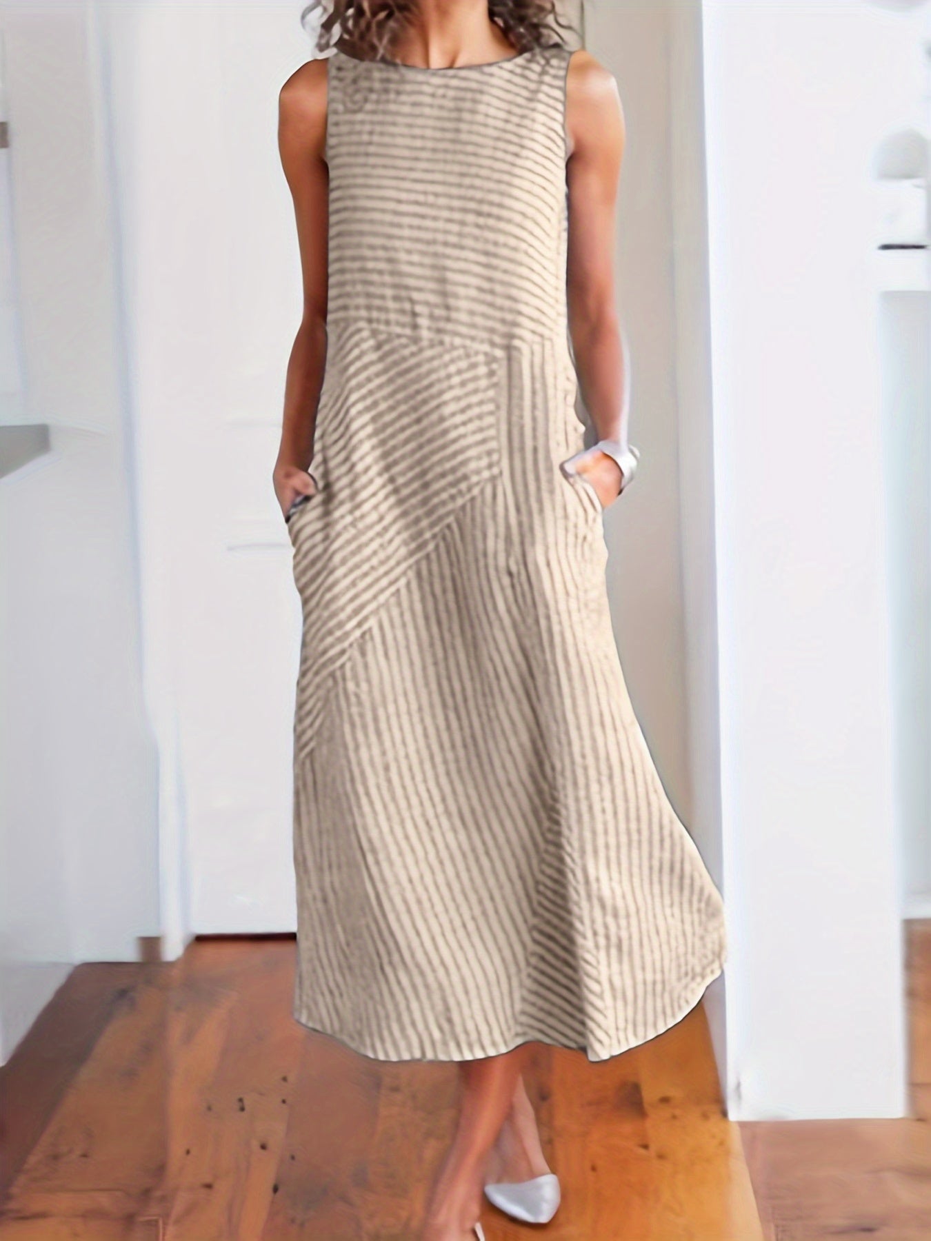 Womens Striped Midi Dress with Pockets