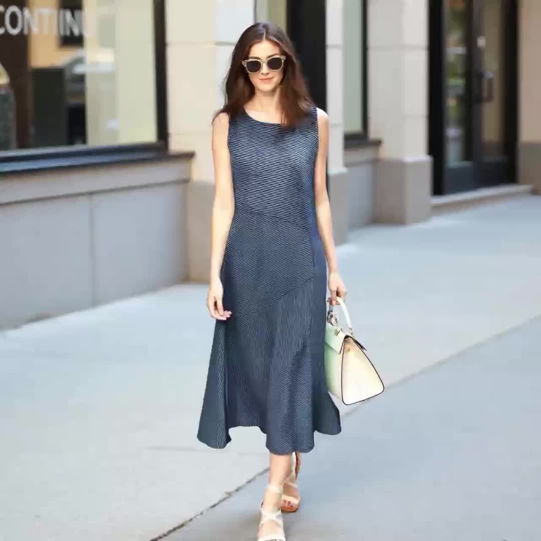 Womens Striped Midi Dress with Pockets