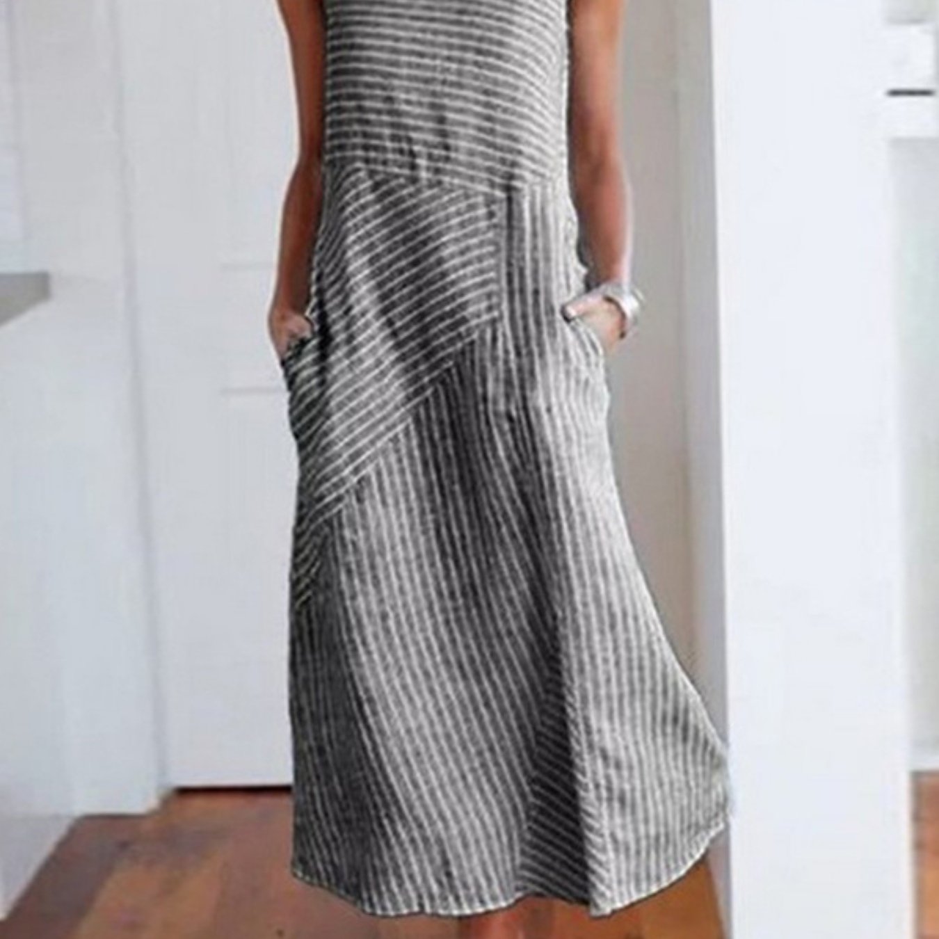 Womens Striped Midi Dress with Pockets