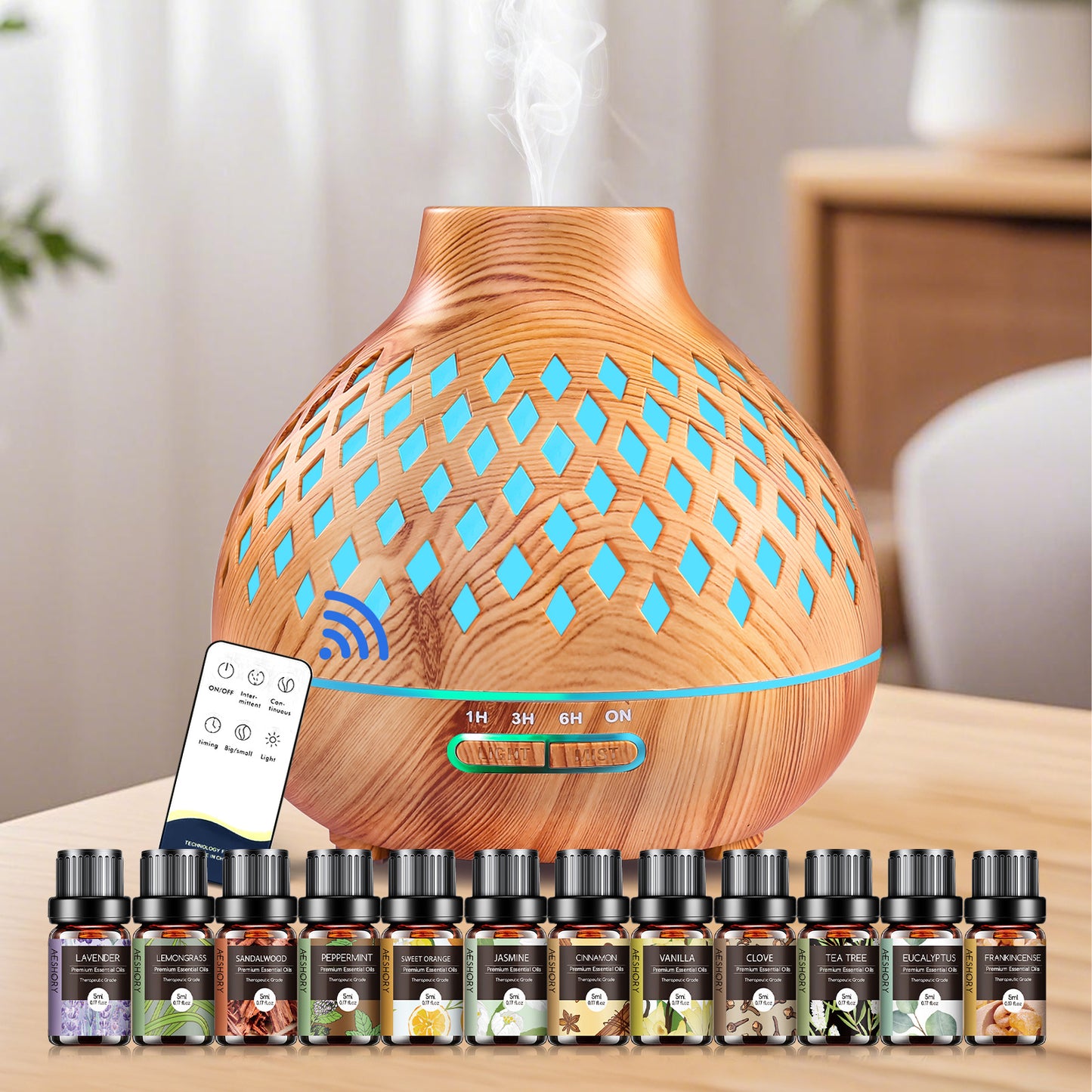 Diffuser Essential Oils for Large Room Wood Grain Cool Mist Air Humidifier Aroma Diffuser with 12 Pack Essential Oils 18.6 Ounce Essential Oil Diffuser with Remote Control Ultrasonic Oil Diffuser with Timer 7 Color Light