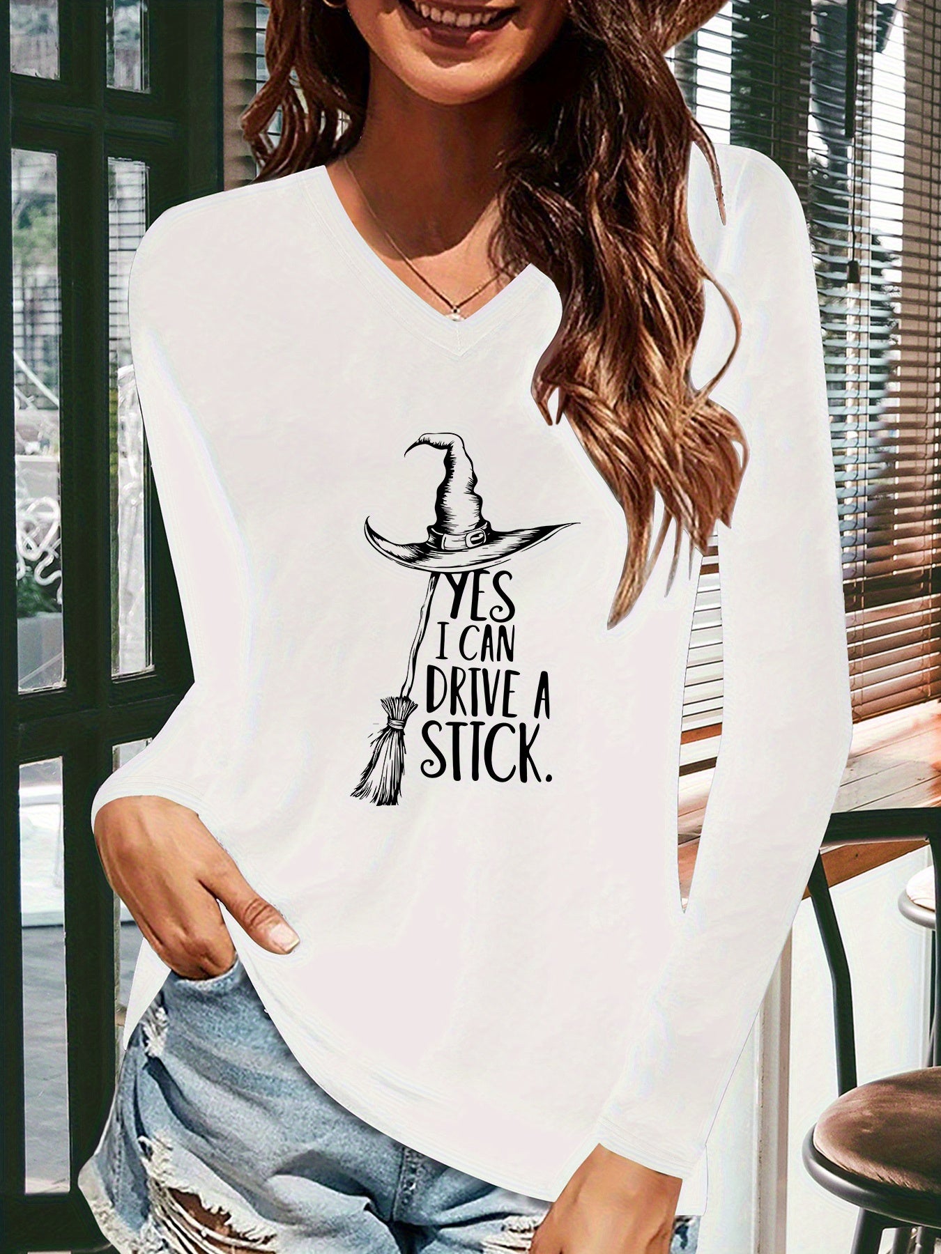 Women V-Neck Halloween T-Shirt White