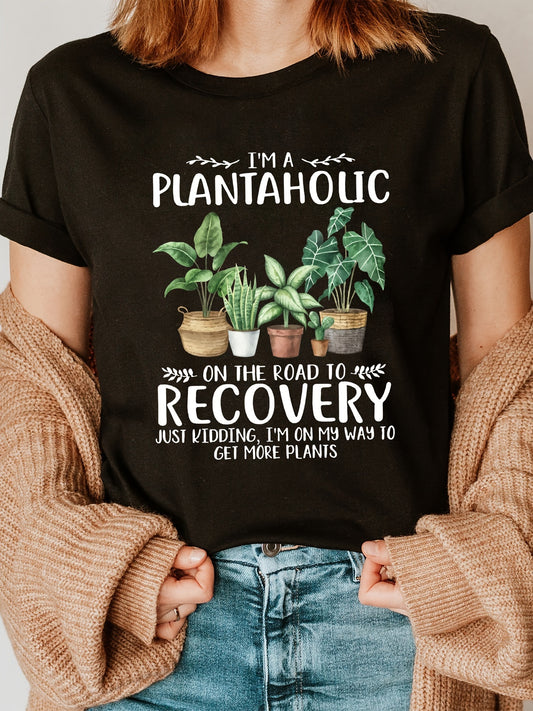 Plant Print Crew Neck T-Shirt for Women