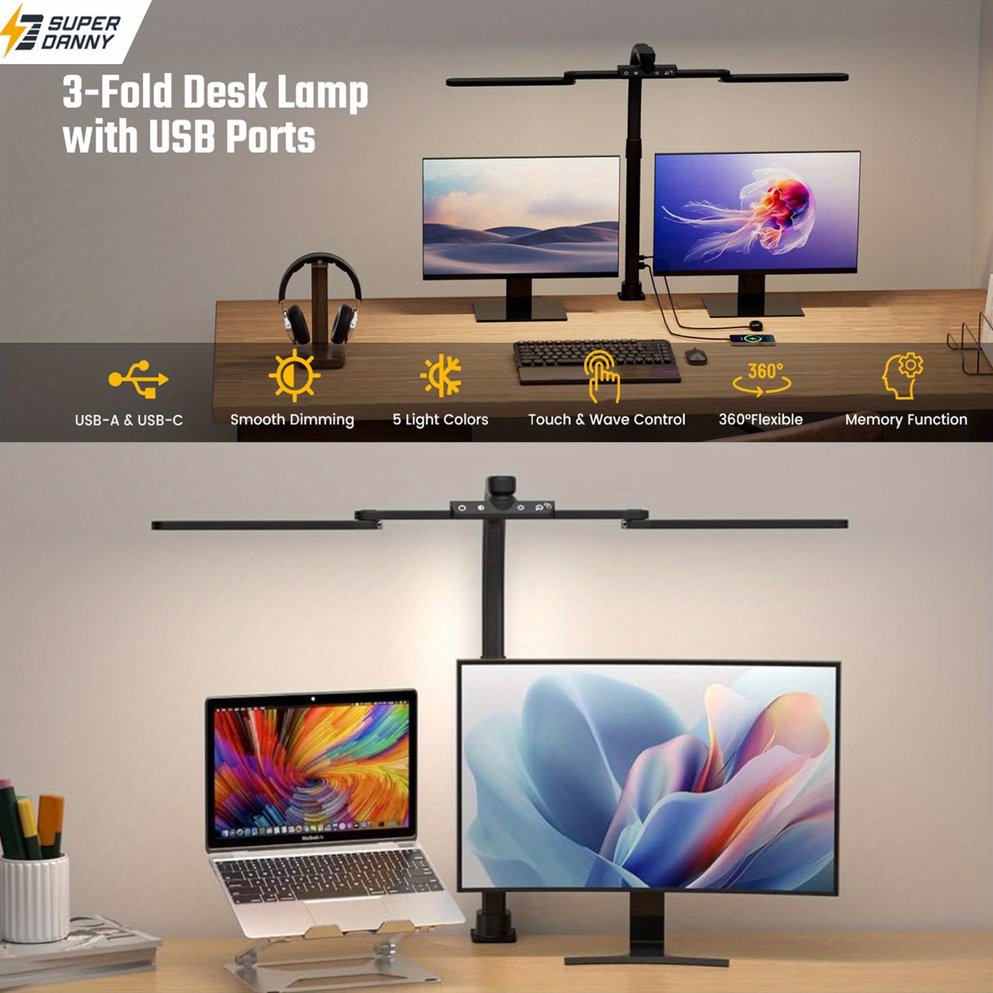 SuperDanny 3-Fold Desk Lamp With USB Ports