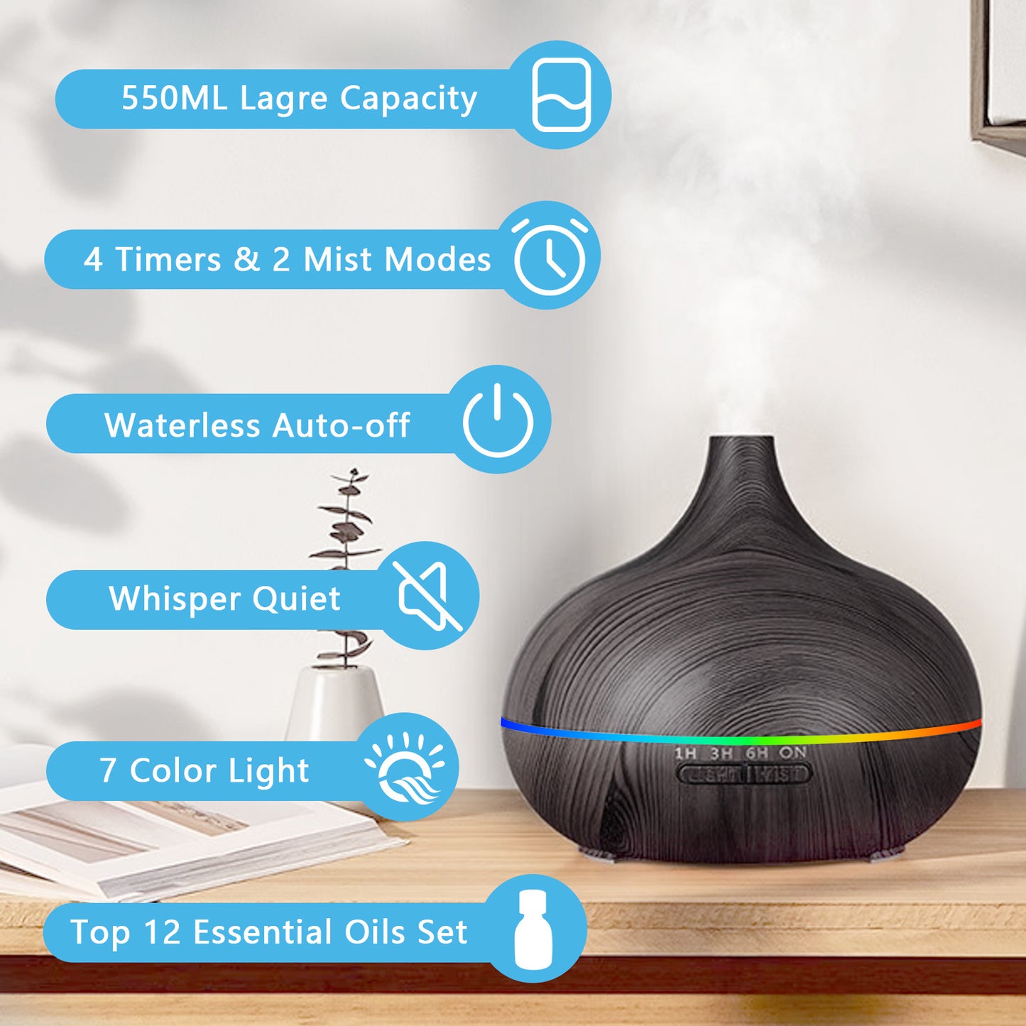 Diffuser Essential Oils for Large Room Wood Grain Cool Mist Air Humidifier Aroma Diffuser with 12 Pack Essential Oils 18.6 Ounce Essential Oil Diffuser with Remote Control Ultrasonic Oil Diffuser with Timer 7 Color Light