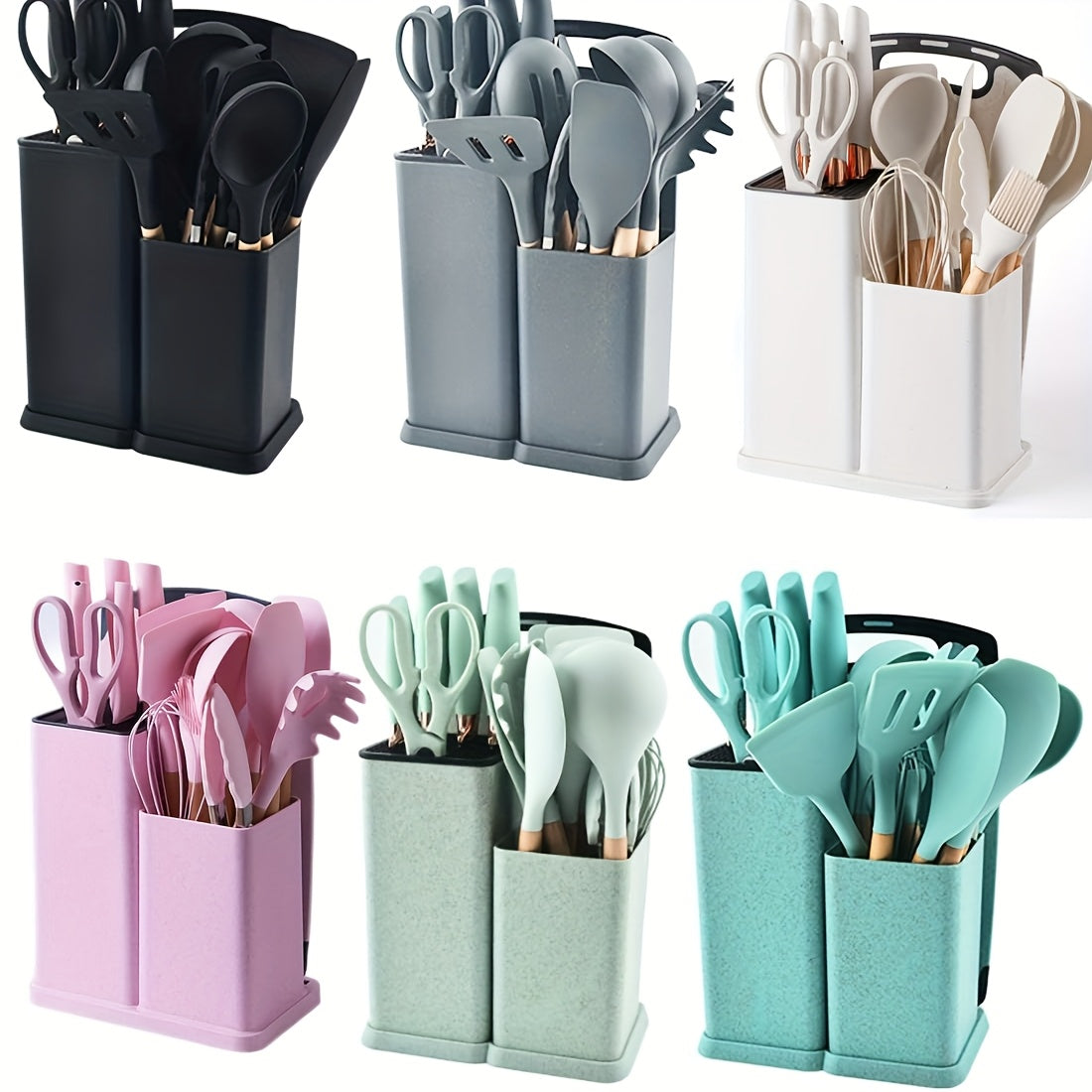Silicone Kitchen Utensil Set with Wooden Handles