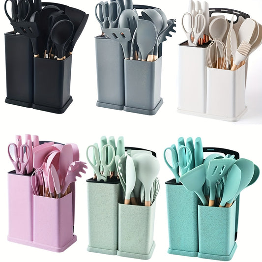 Silicone Kitchen Utensil Set with Wooden Handles