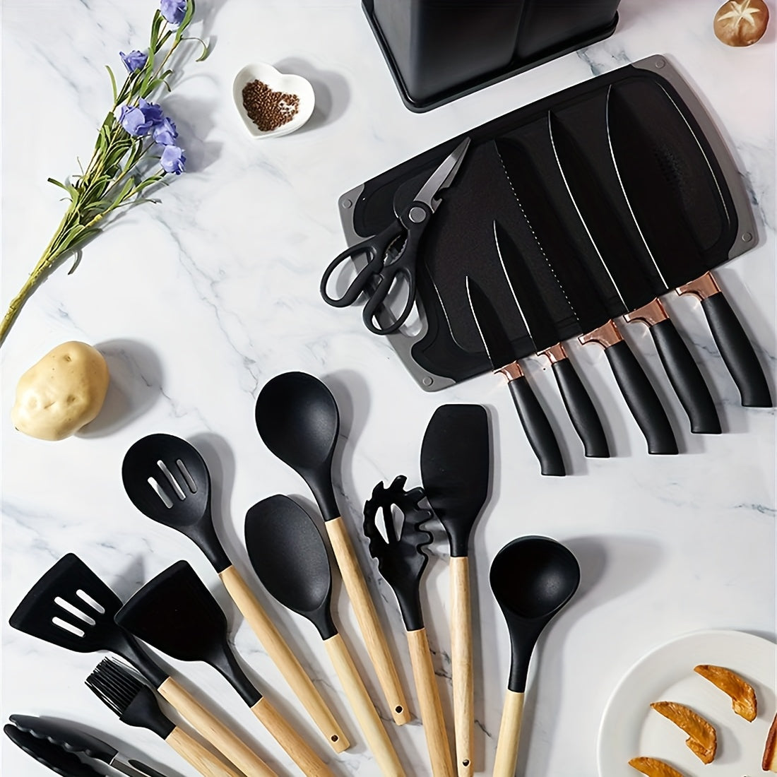 Silicone Kitchen Utensil Set with Wooden Handles
