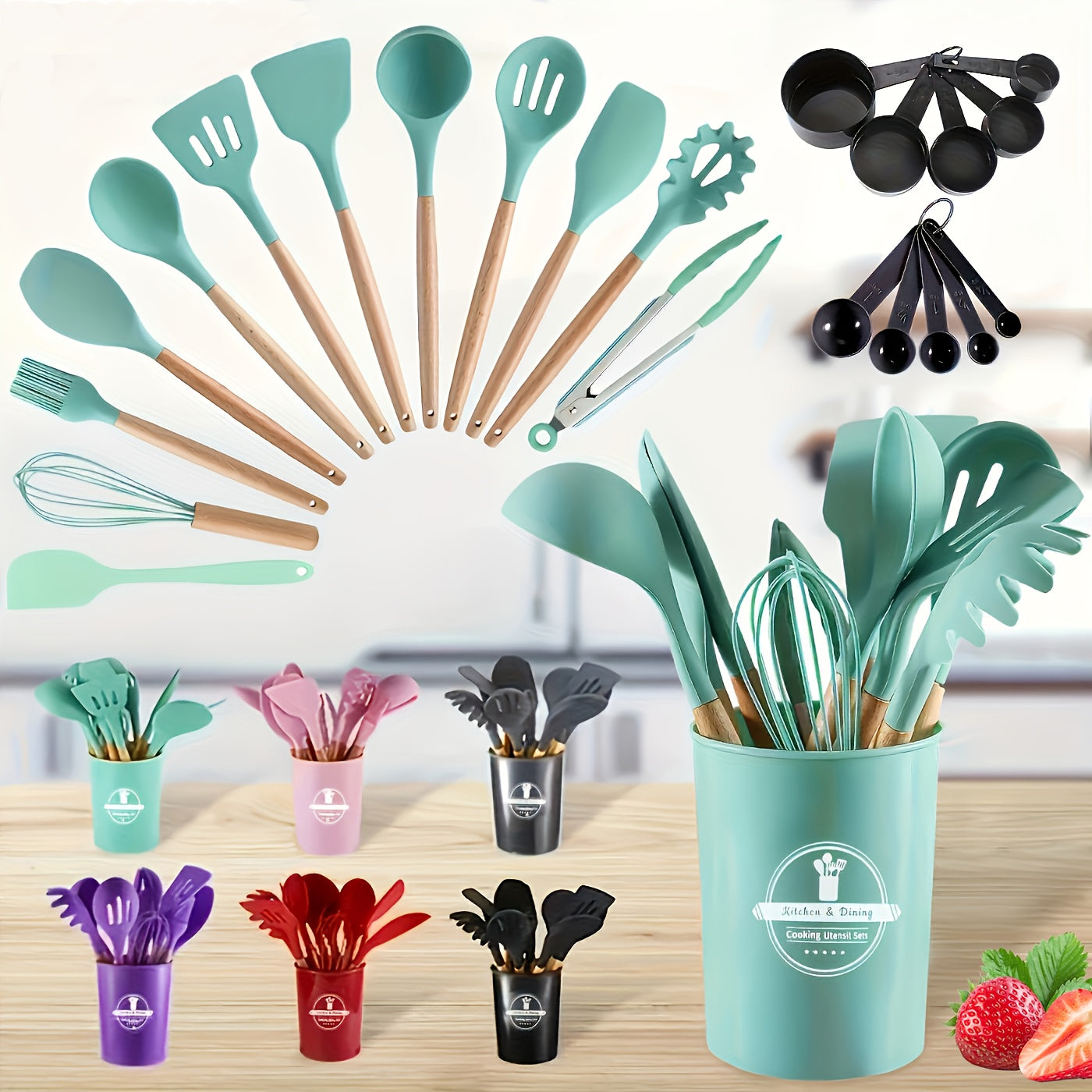 23pcs Silicone Utensils Set With Wooden Handles
