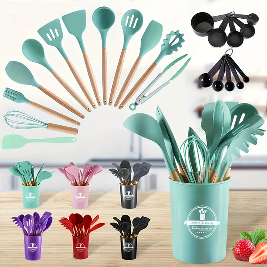 23pcs Silicone Utensils Set With Wooden Handles