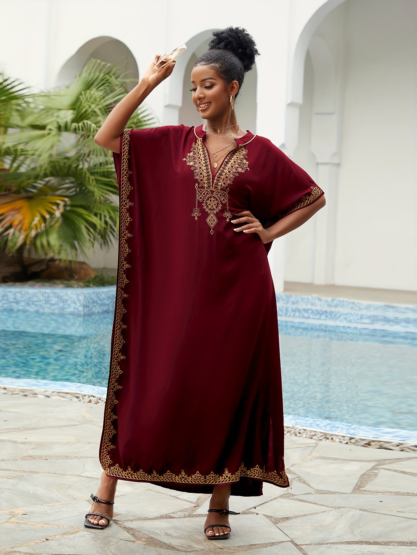 Embroidered Batwing Sleeve Kaftan Dress
