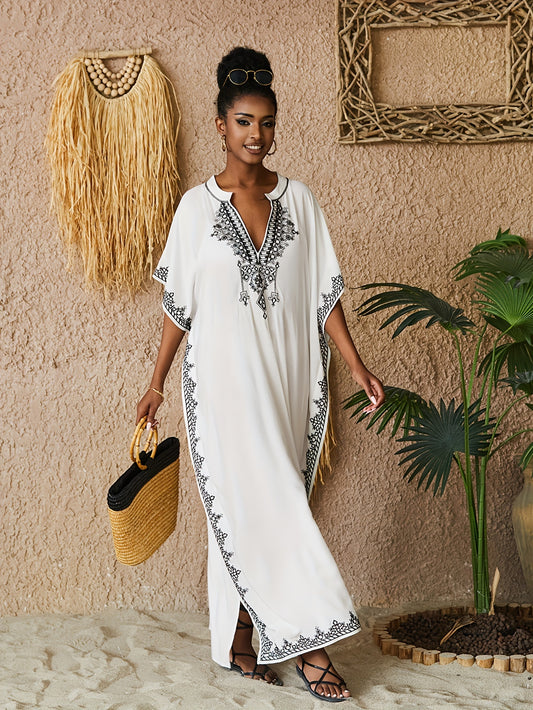 Embroidered Batwing Sleeve Kaftan Dress