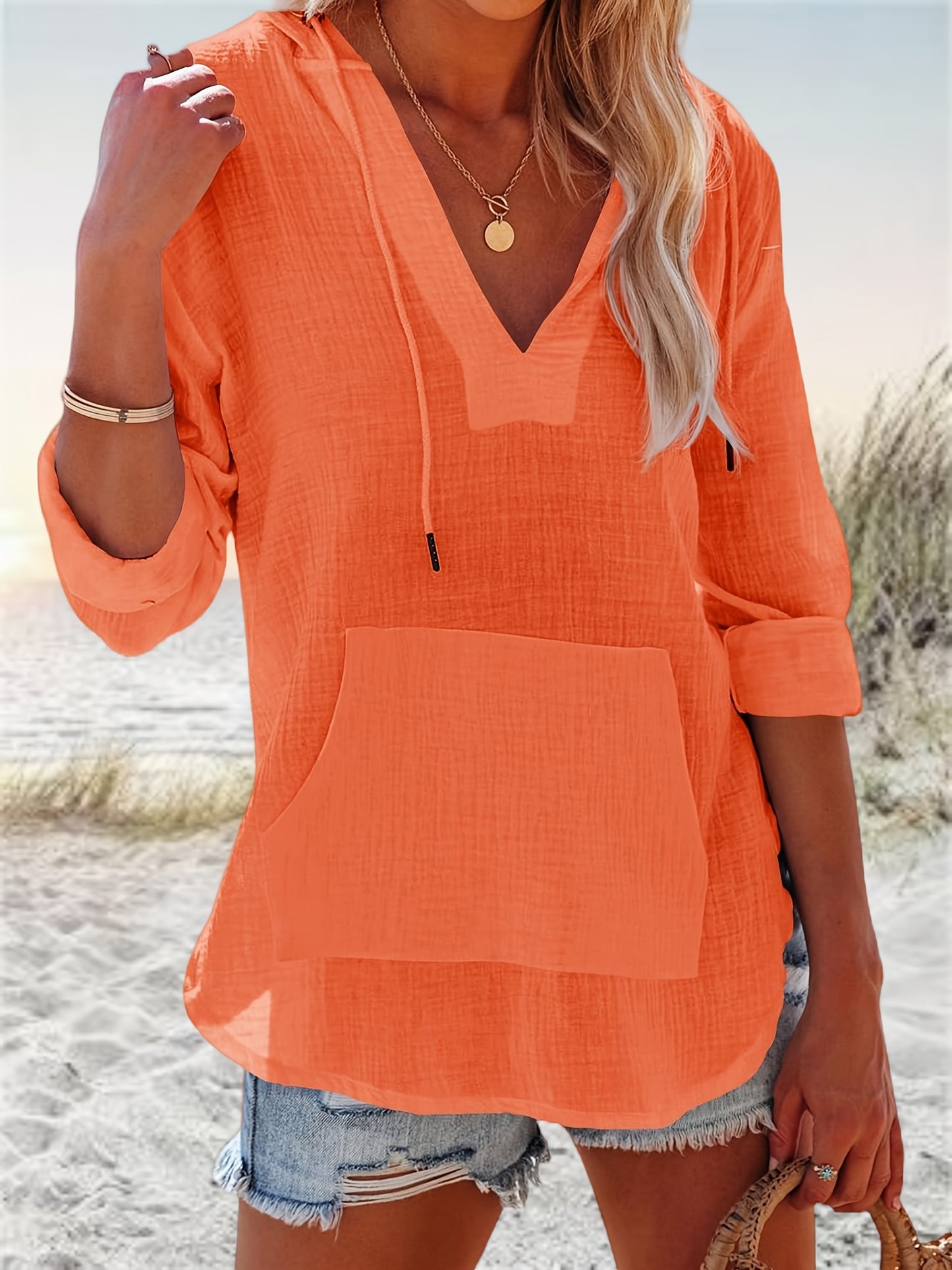 Womens V Neck Beach Hoodie Sweatshirt