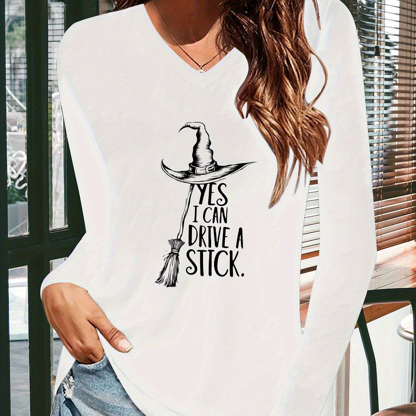 Women V-Neck Halloween T-Shirt White