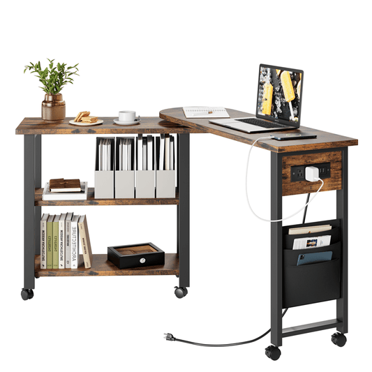 Sofa Table 360°Rotating Tabletop End Table, 2-Tier Side Table with Charging Station and Side Storage Pocket. Sturdy End Table for Living Room, Bedroom, Entry Way Study Room