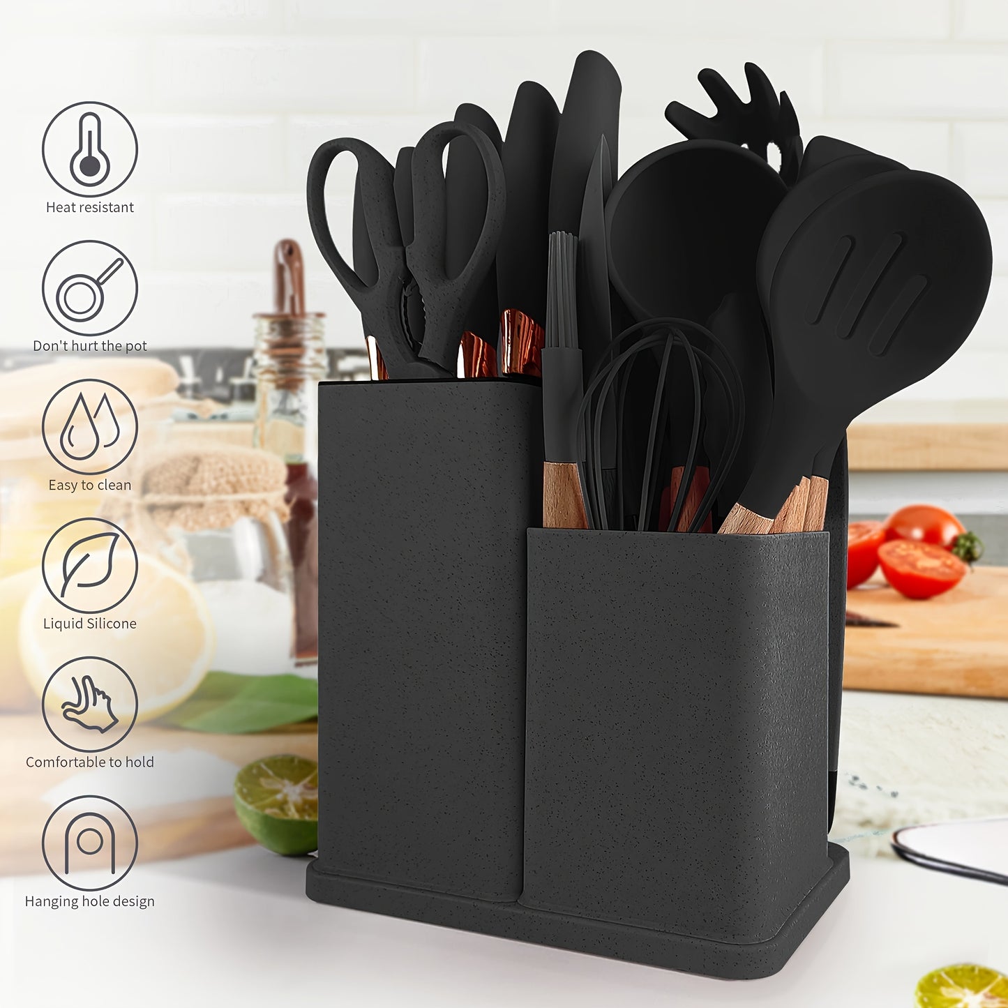 Silicone Kitchen Utensil Set with Wooden Handles