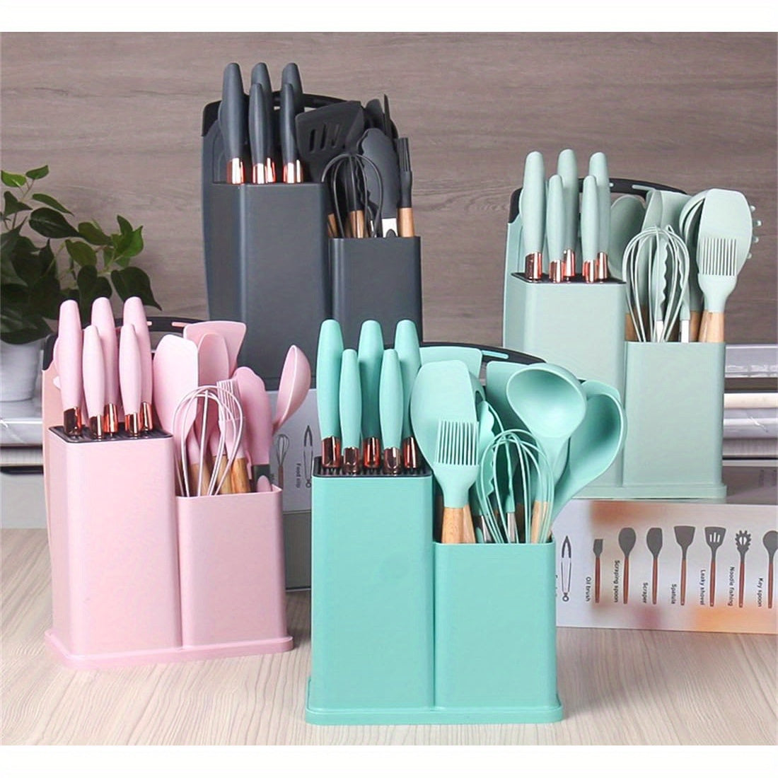 Silicone Kitchen Utensil Set with Wooden Handles