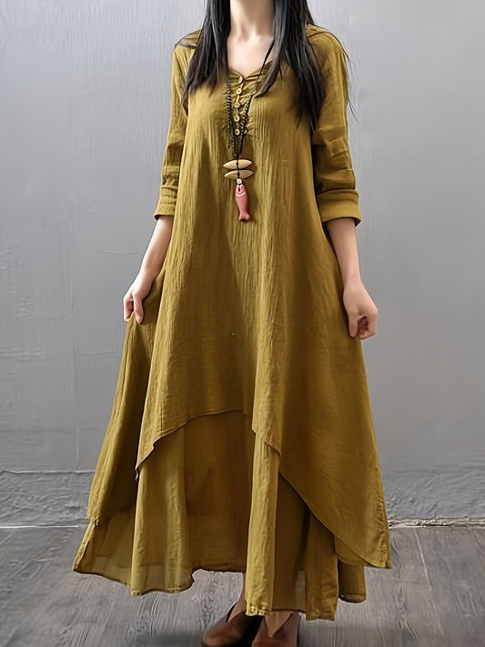 Women's Bohemian V-Neck Long Sleeve Dress