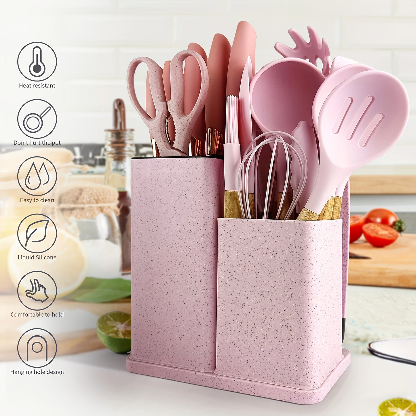 Silicone Kitchen Utensil Set with Wooden Handles
