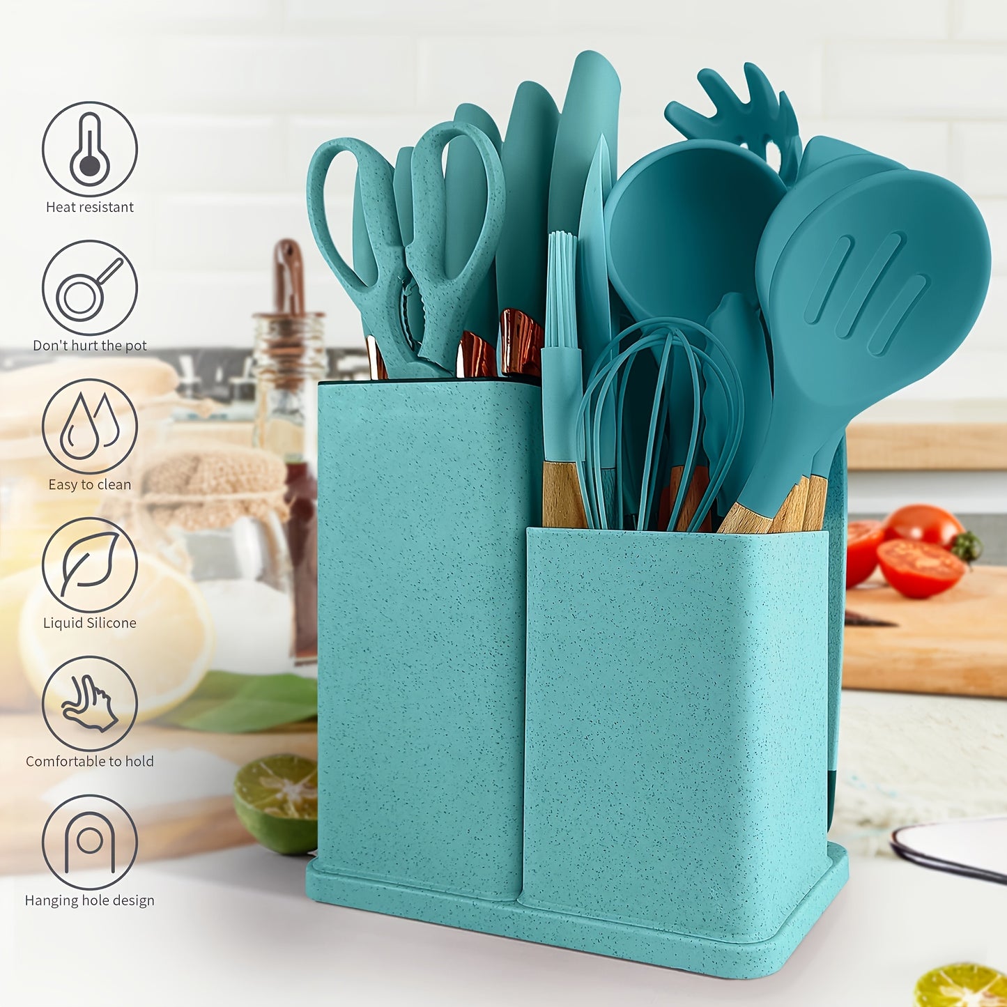 Silicone Kitchen Utensil Set with Wooden Handles