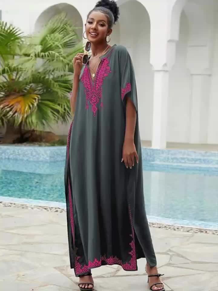 Embroidered Batwing Sleeve Kaftan Dress
