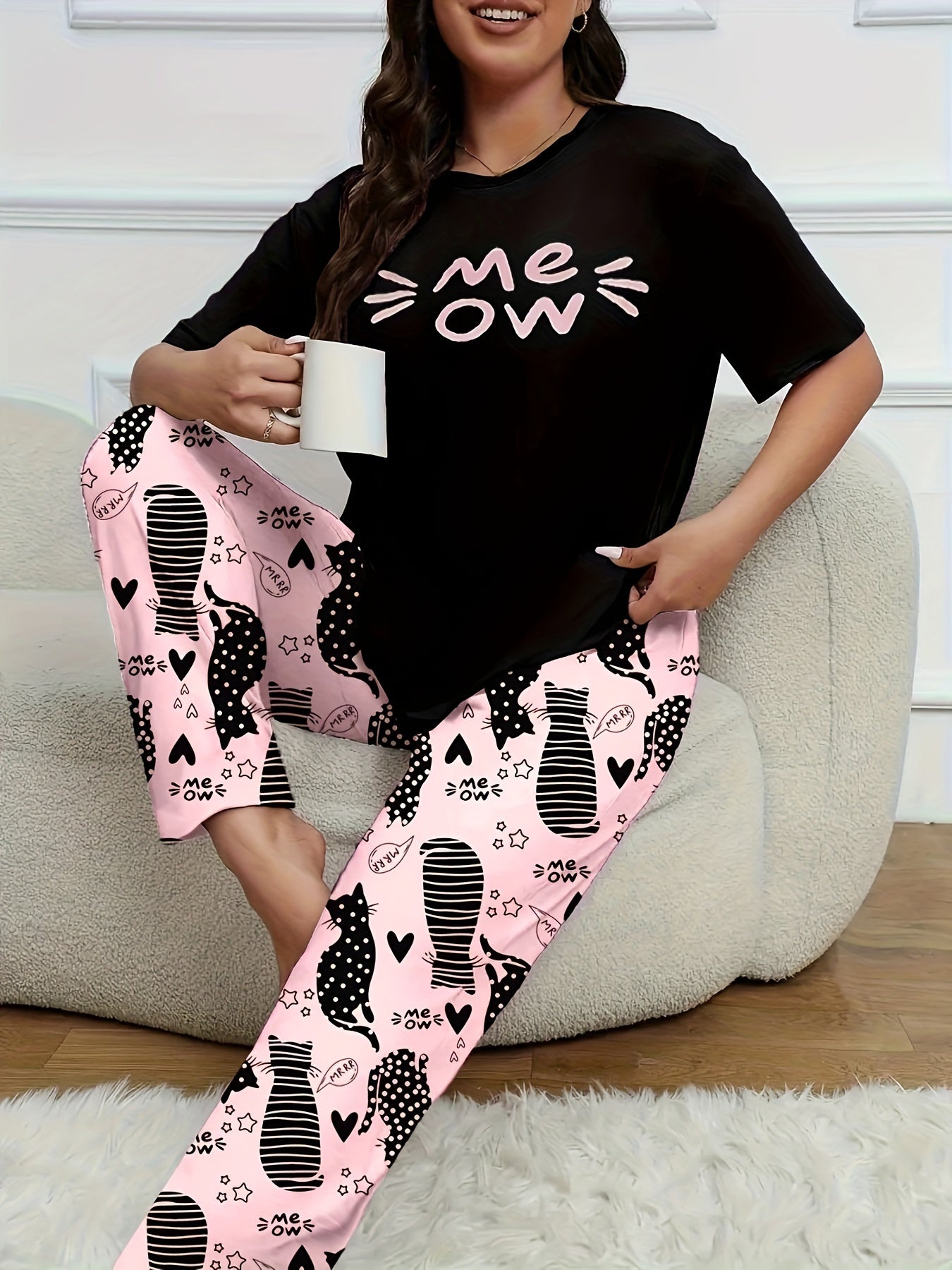 Plus Size Cartoon Cat Pajama Set