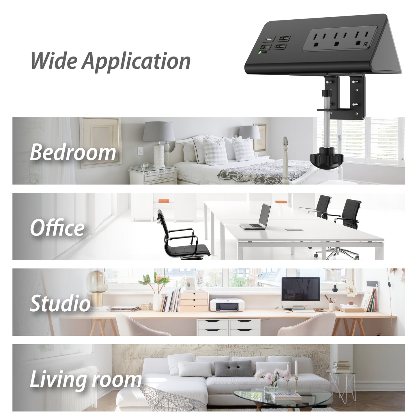 Desk Edge Mount Power Strip with USB Ports