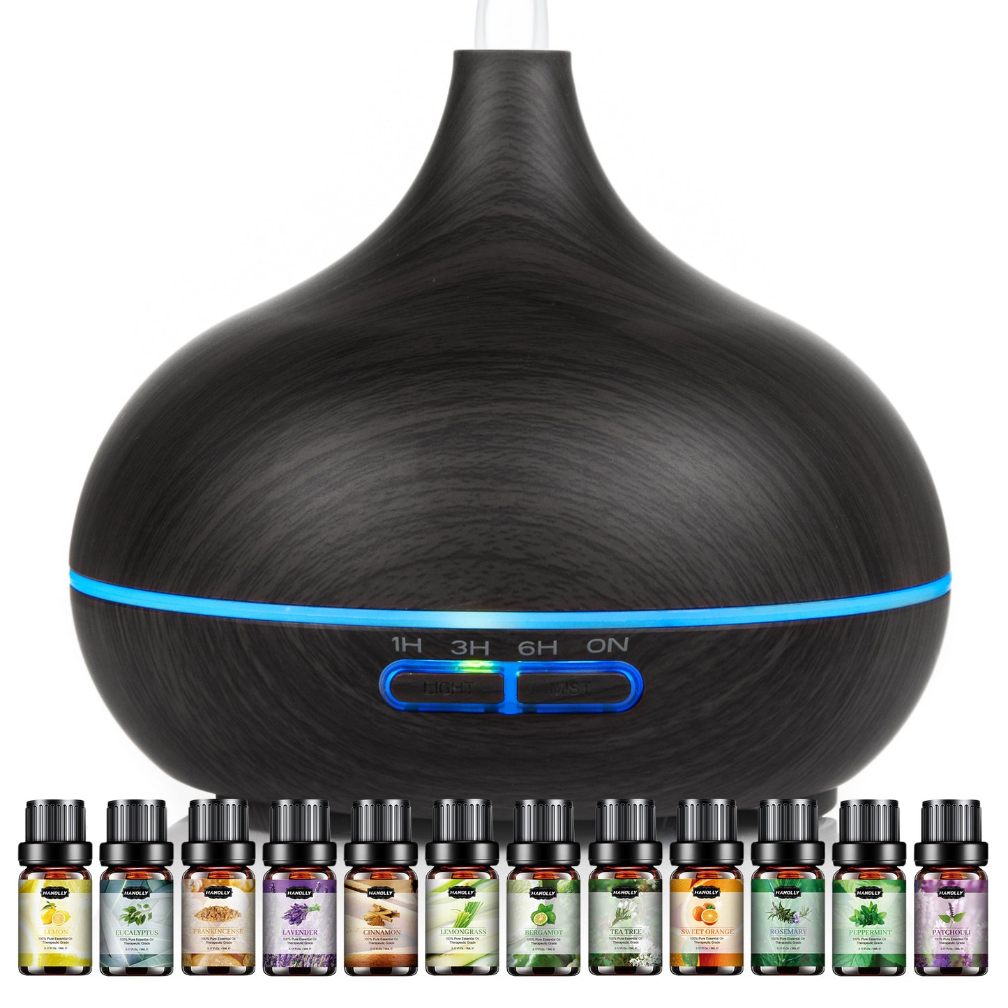 Diffuser Essential Oils for Large Room Wood Grain Cool Mist Air Humidifier Aroma Diffuser with 12 Pack Essential Oils 18.6 Ounce Essential Oil Diffuser with Remote Control Ultrasonic Oil Diffuser with Timer 7 Color Light