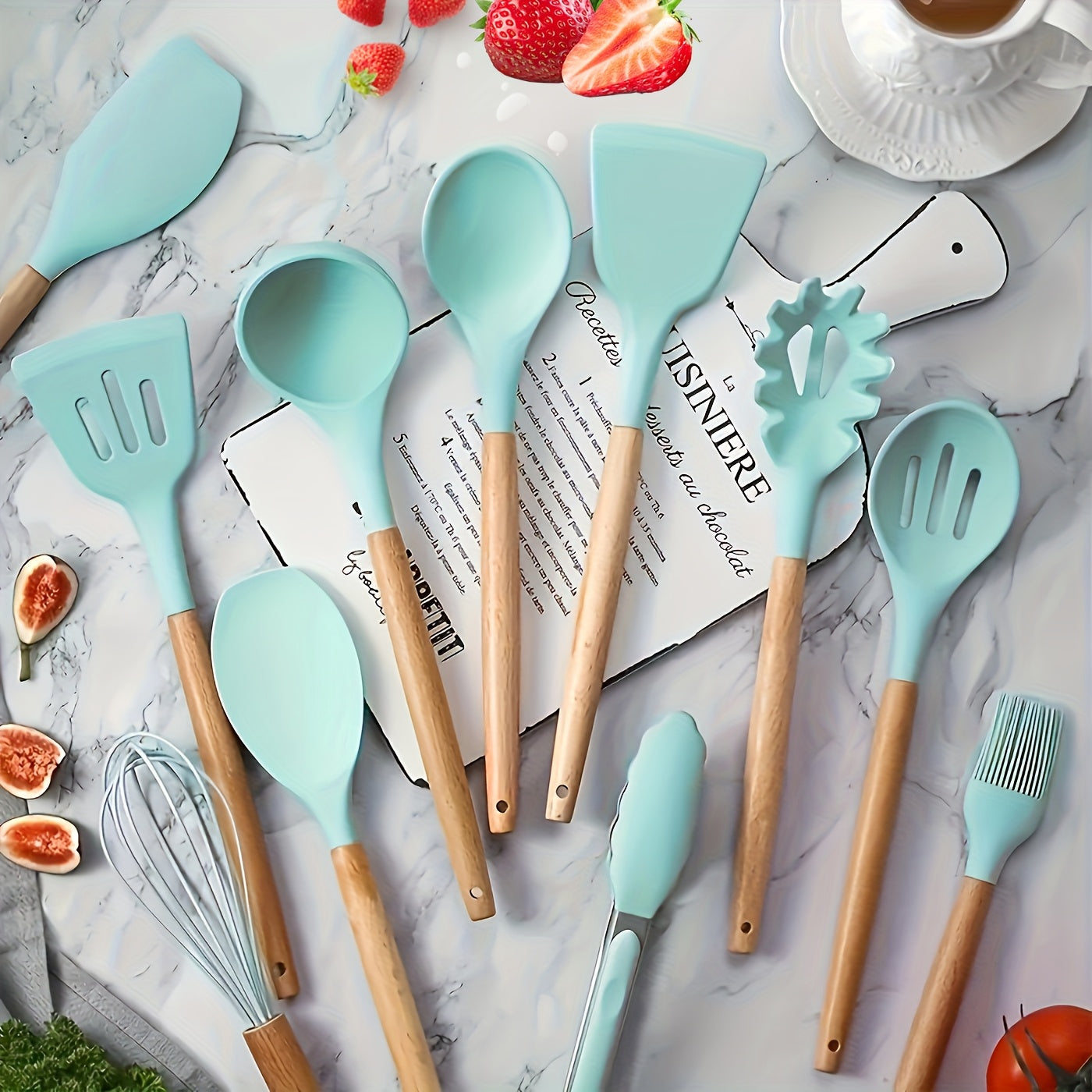 23pcs Silicone Utensils Set With Wooden Handles