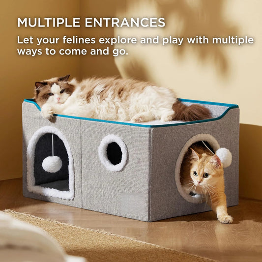 Wide Cat House for Indoor Cats Large Cat Cave with Fluffy Ball and Scratch Pad