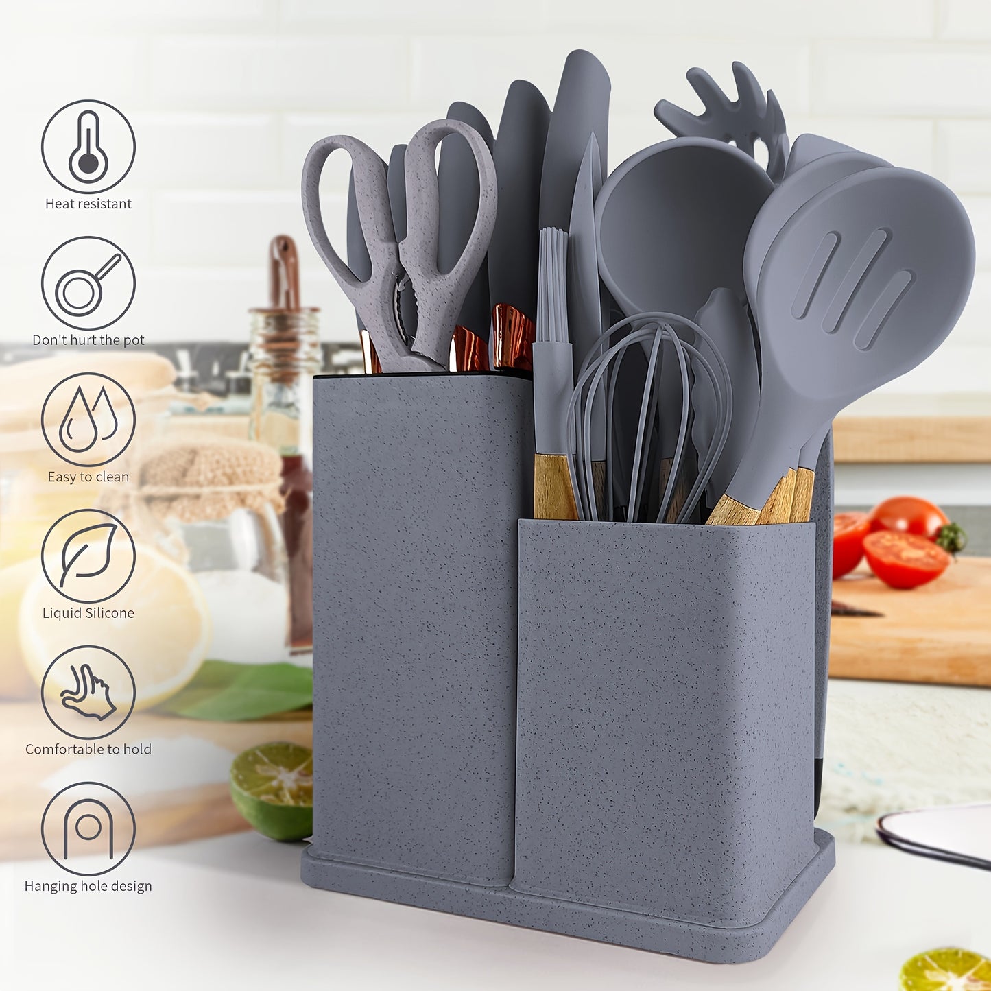 Silicone Kitchen Utensil Set with Wooden Handles