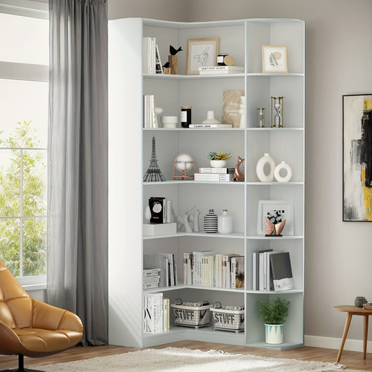 Stylish 71 Inch White Six Tier Bookshelf